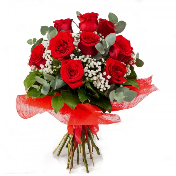 Buchet 13 trandafiri rosii cu gipsofila